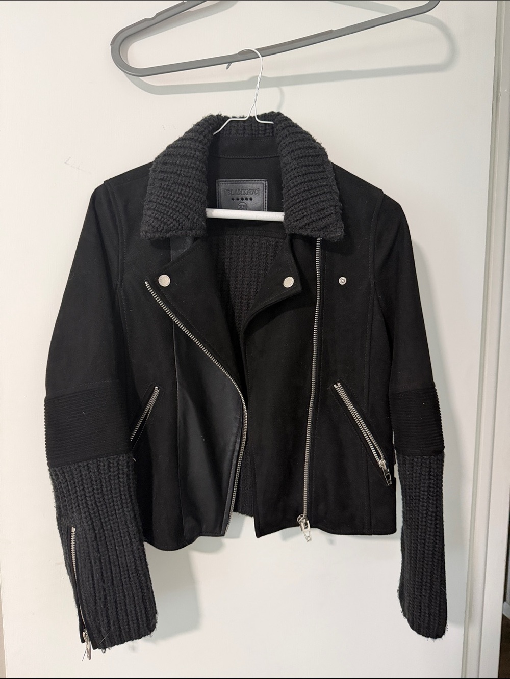 Blank NYC Black Knit-Trim Moto Jacket